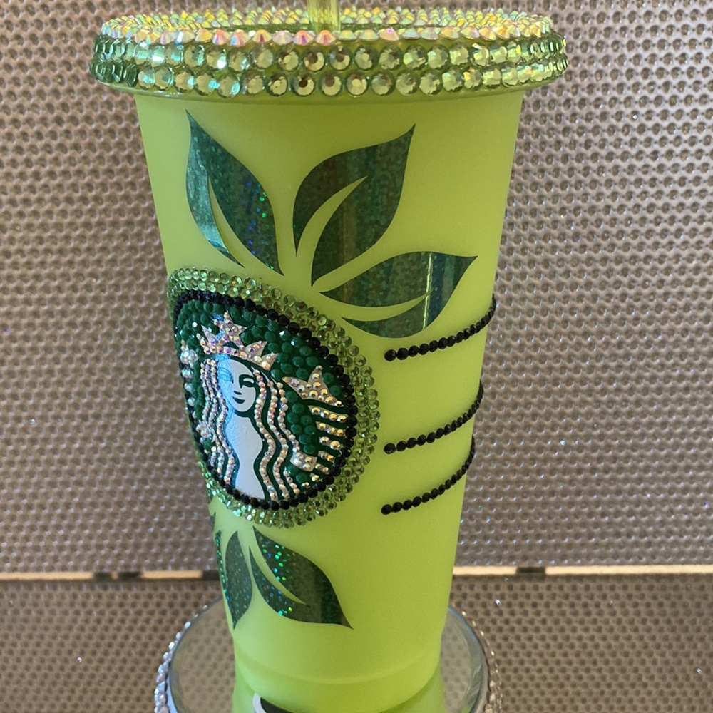 Starbucks Neon Green Rhinestone Logo Tumbler with Leaf Design - Picture 7 of 8